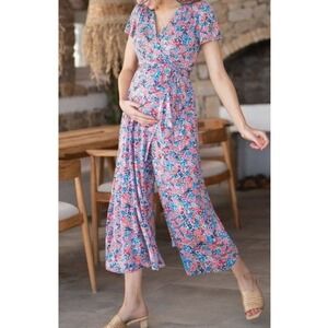 Seraphine Maternity Floral Print Wrap Jumpsuit Short Sleeve Blue Pink Nursing 6